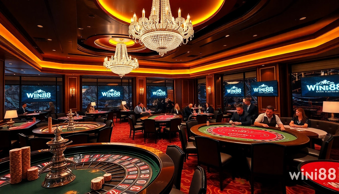 win88 poker table in a luxurious casino setting with vibrant atmosphere