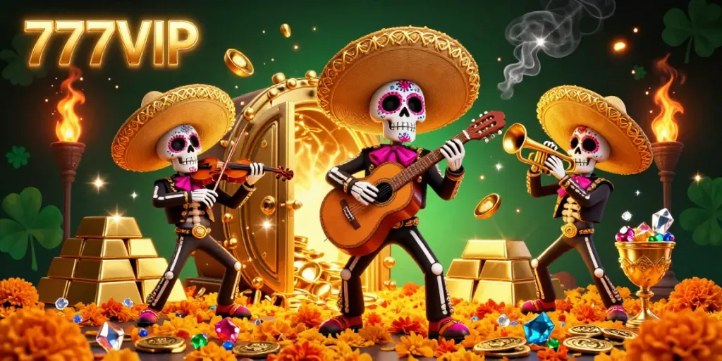 Experience the excitement of 777VIP with a vibrant mariachi band amidst gems and gold in an online casino.