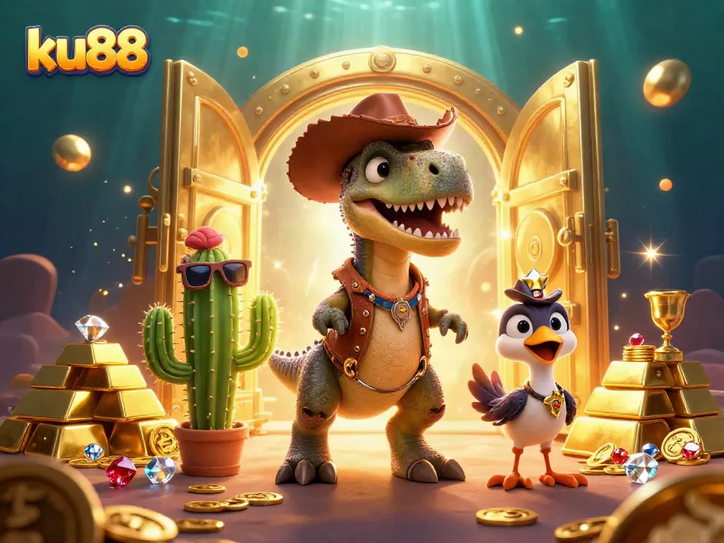 ku88 showcases a 3D cartoon cowboy dinosaur with treasures and gaming elements for ultimate fun