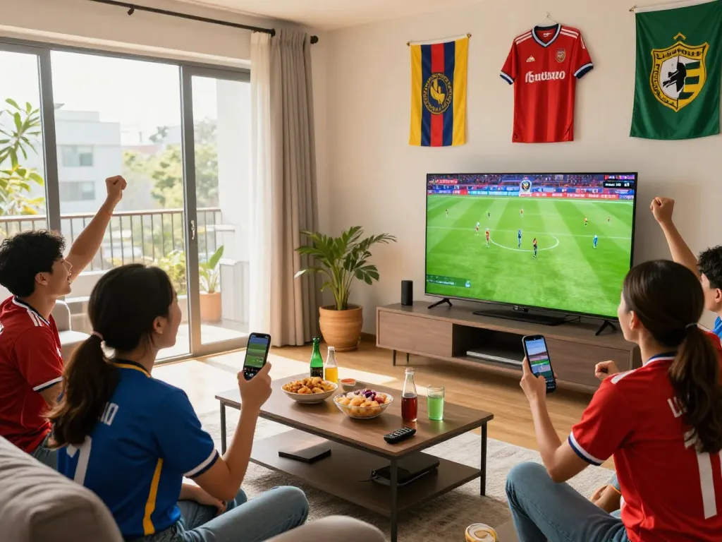 Friends enjoying football match on LuongSonTV, showcasing vibrant atmosphere with snacks and team jerseys.