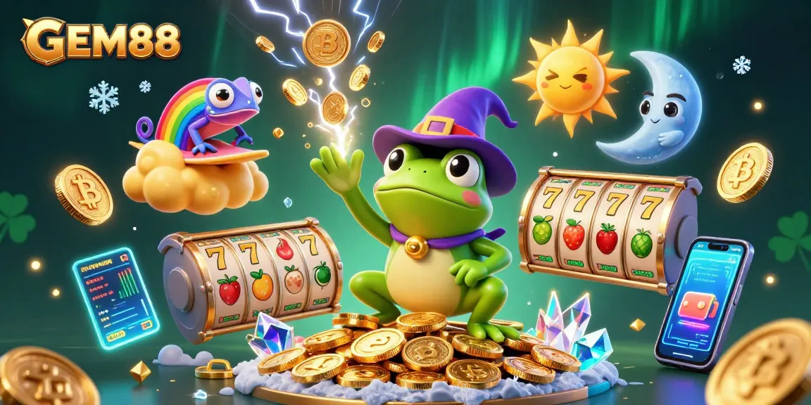 Engage with GEM88 by exploring exciting slot games and golden rewards in a vibrant 3D scene.
