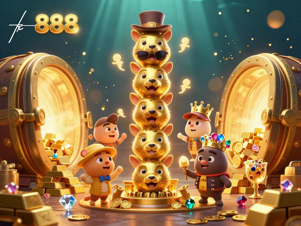 Engage with the thrilling world of tk 888 featuring a golden totem pole surrounded by casino treasures and vibrant gems.