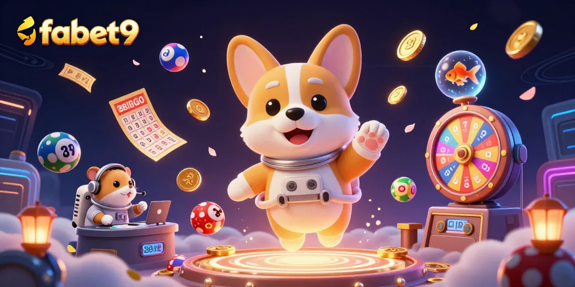 Engage with fabet9's vibrant casino universe featuring floating characters and dynamic game elements.