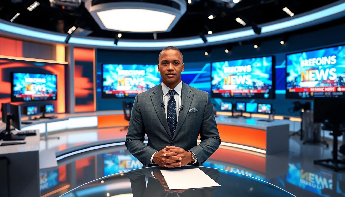 Engaging news anchor presenting breaking news in a modern newsroom setting.