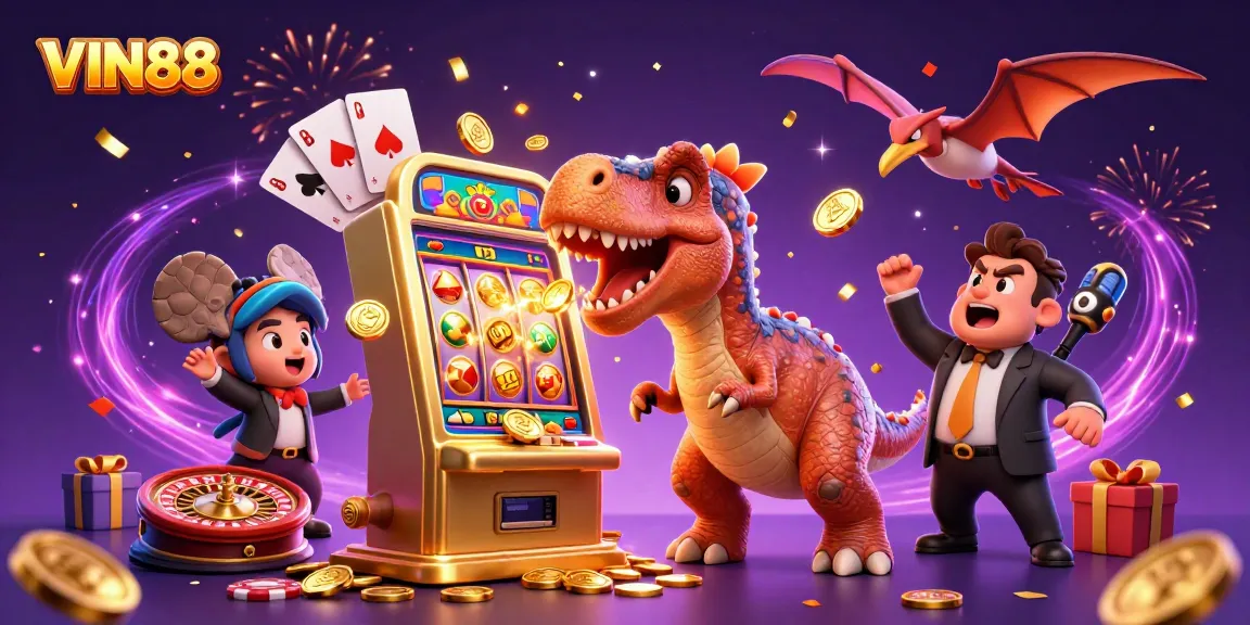 VIN88 jackpot scene with a dinosaur celebrating a slot win amidst flying coins and casino elements.