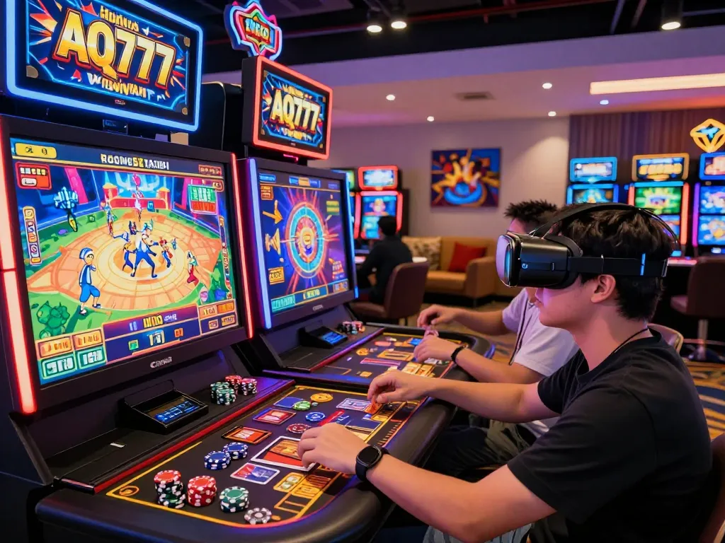 Exciting online gaming atmosphere at AQ777 with a player enjoying vibrant slots and casino features.