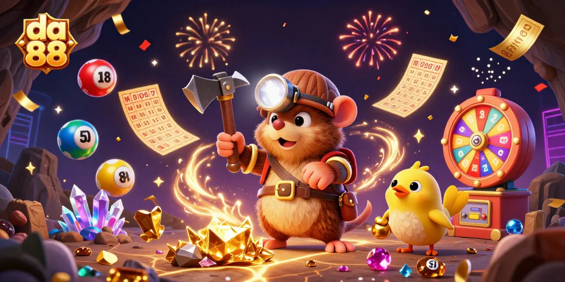 Experience thrilling wins at da 88 with vibrant lottery elements and dynamic gaming scenes.