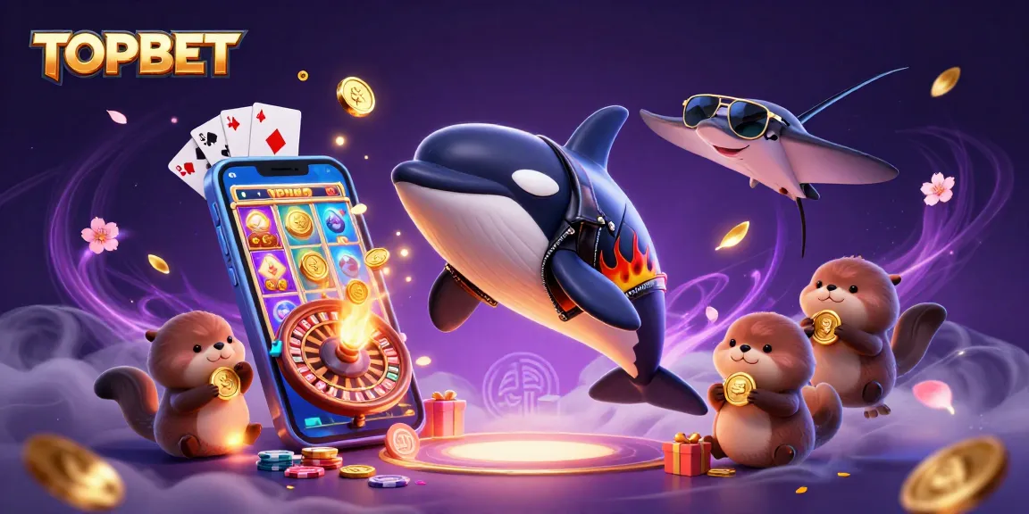 TOPBET showcases a vibrant scene with an orca, stingray, and otters amidst a thrilling casino atmosphere.