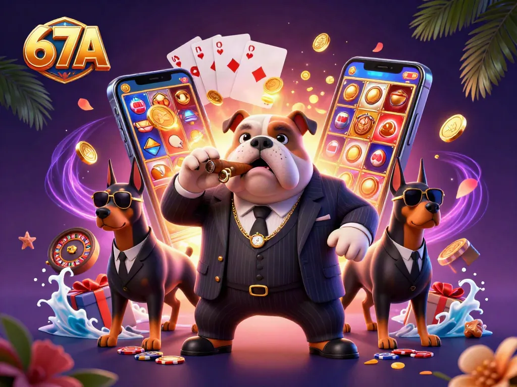 Engage in thrilling gambling with 67A's vibrant casino scene featuring a mafia bulldog and dynamic game elements.