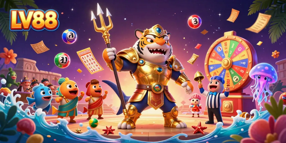 Experience the thrilling action at LV88 with a dynamic underwater colosseum featuring a tiger shark in gladiator armor.