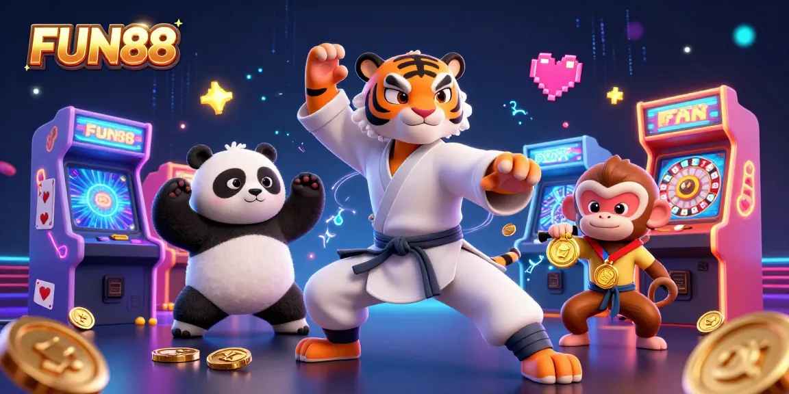 Experience excitement with FUN88 as the kung fu tiger and panda engage in a thrilling casino adventure.