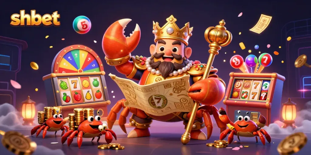 Experience the excitement of shbet with a golden crab emperor amidst vibrant casino elements.