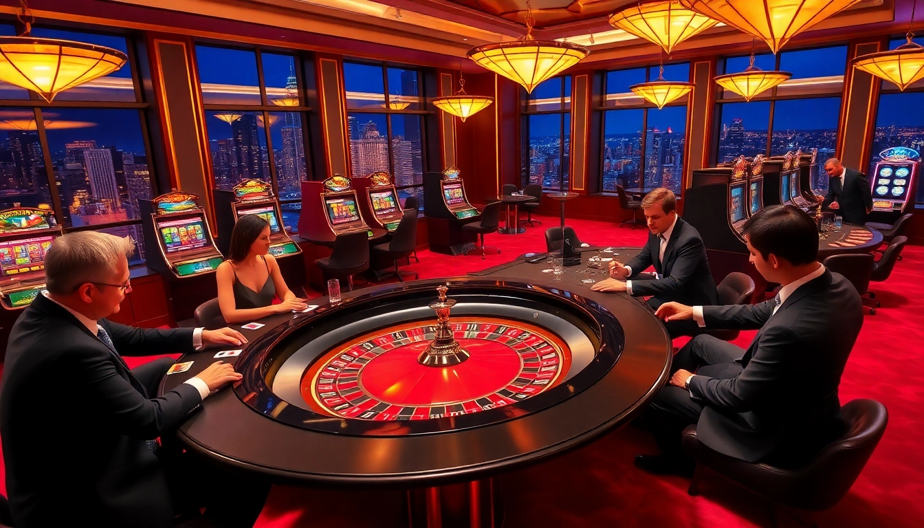Experience the thrill of gambling at uu88's luxurious casino scene with elegant players at a roulette table.