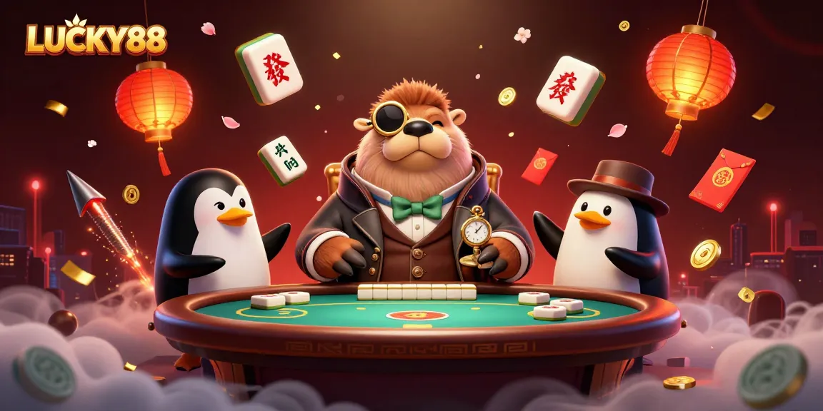 LUCKY88 players experience the thrill of gambling with a cartoon walrus and penguin dealer.