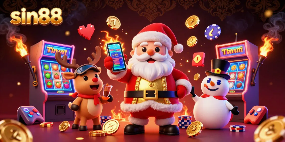 Experience the thrill of sin88 with Santa, reindeer, and colorful slot machines in a dazzling casino setting.