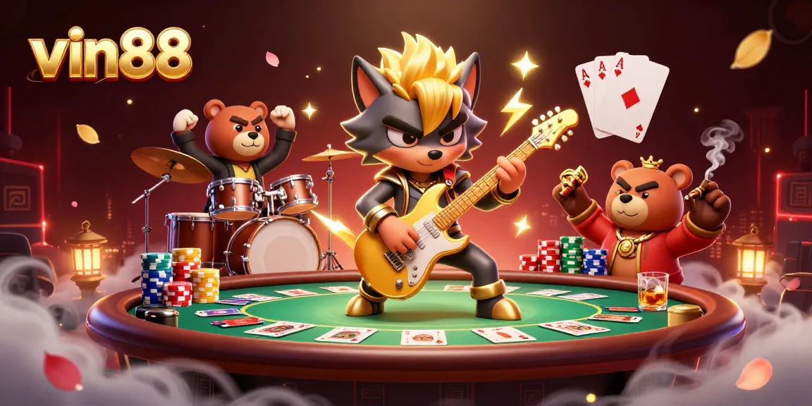 Experience the thrill of vin88 with a rock star wolf and casino elements in an epic gaming scene.