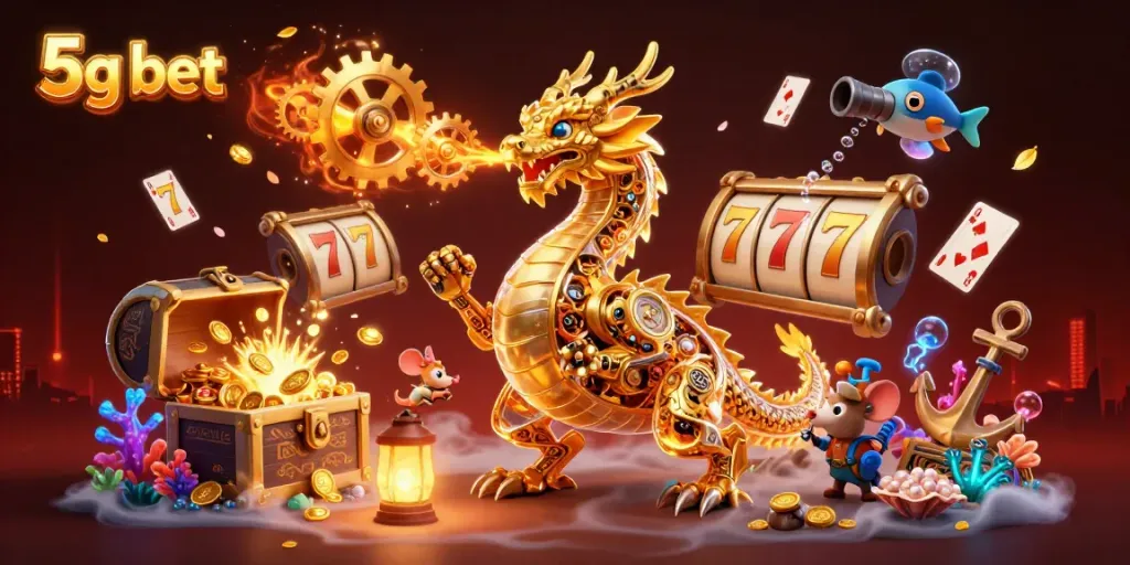 Experience thrilling gameplay at 5g bet with vibrant slots and dynamic golden dragon illustration.