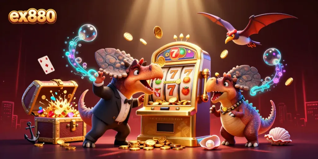 ex880 casino cartoon scene with a pachycephalosaurus winning jackpot coins from a slot machine