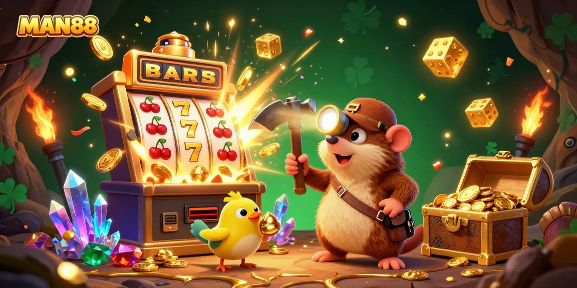 Engage with thrilling games at MAN88, featuring a treasure hunter mole in a vibrant casino scene.