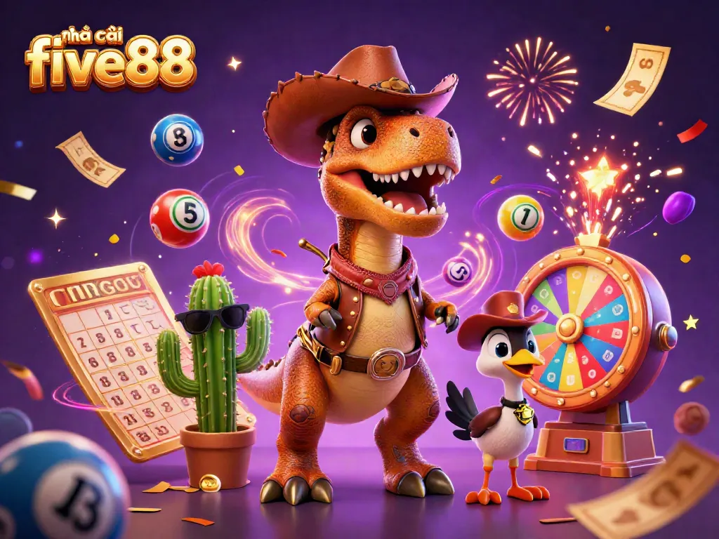 Engaging scene of nhà cái five88 featuring fun characters and lottery elements for a lively promotion.