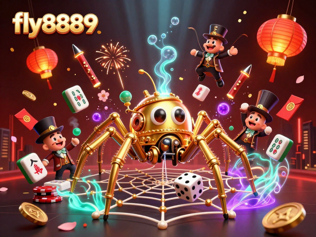 Capture the excitement at fly8889 with a steampunk spider weaving a web of golden chains, surrounded by vibrant casino elements.