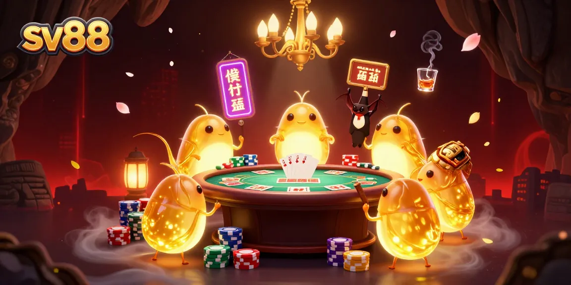 Experience sv88 with a vibrant cave casino scene featuring glowworms lighting up a poker table and a bat dealer.
