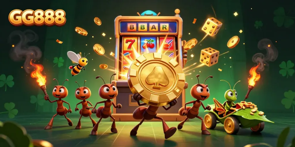 Experience excitement with GG888 as cartoon ants carry a giant poker chip amidst a jackpot explosion.