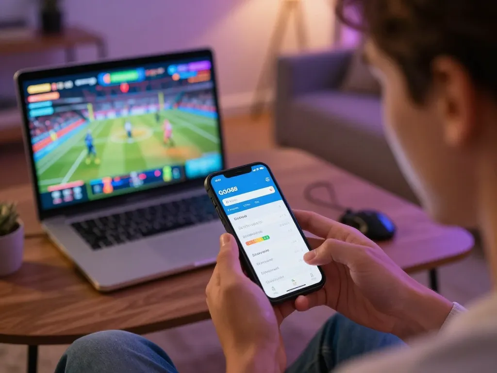 Engaging in thrilling sports betting with QQ88 app on smartphone in a cozy home setting