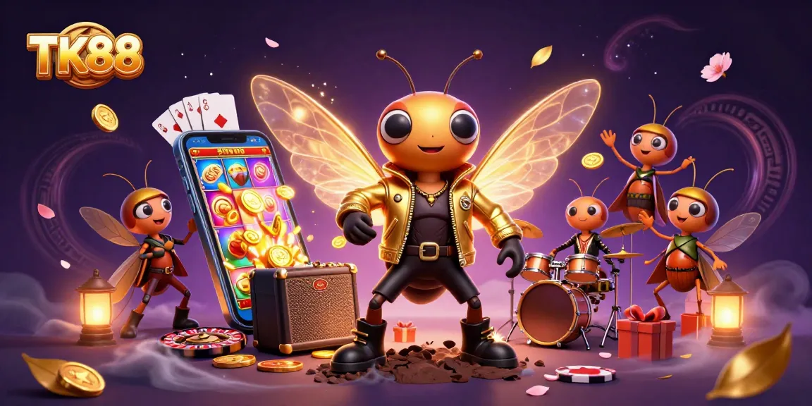 Spin to win at TK88's vibrant casino with a rock star cicada and lively game elements.