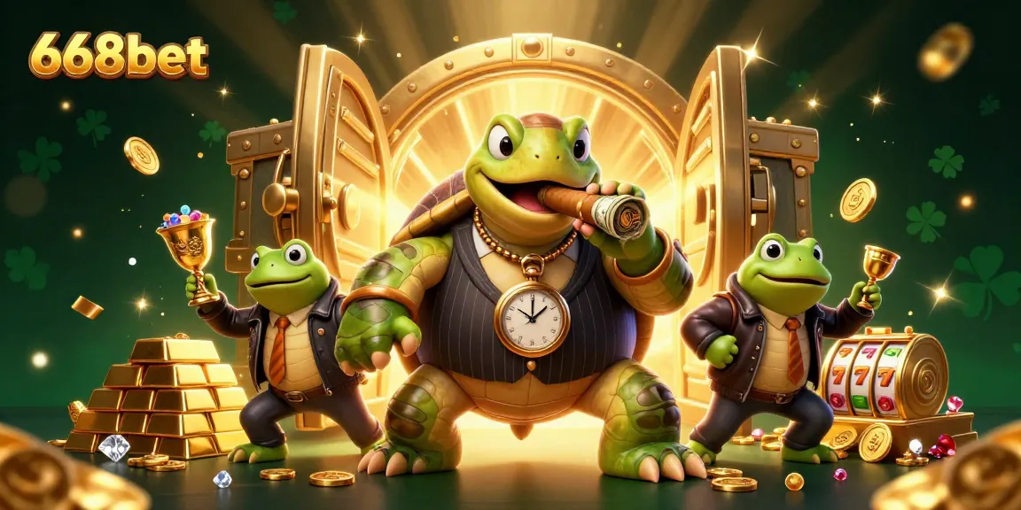 Engage in thrilling gaming at 668bet with vibrant slot reels, treasure, and lively characters.