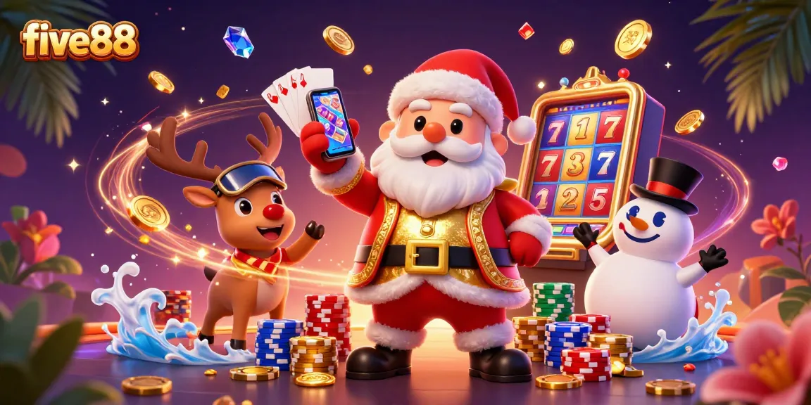 Spin to win with five88's festive character scene featuring Santa, a reindeer, and a snowman playing slots.