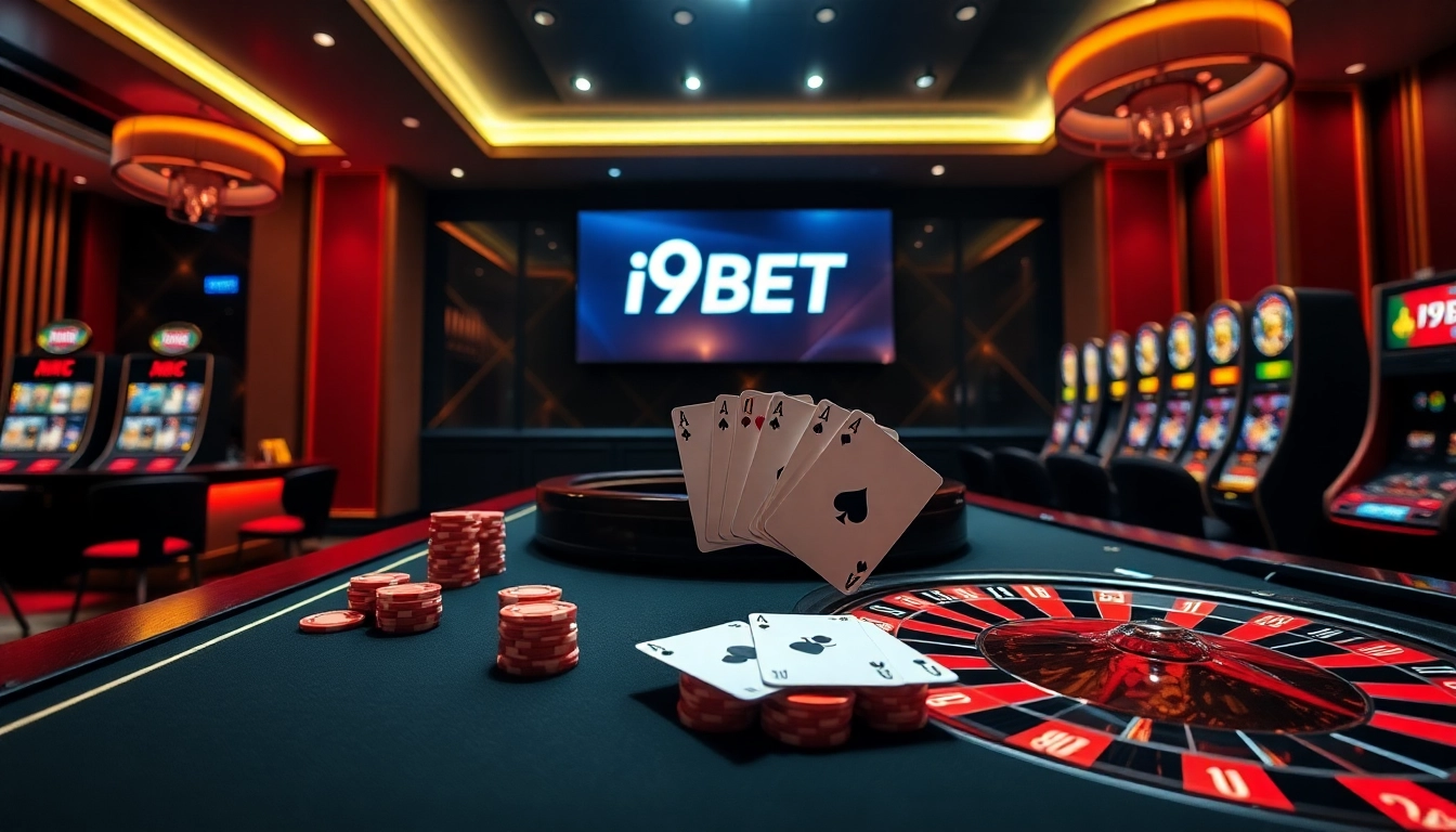 I9BET players engaging in thrilling table games with poker chips and roulette wheels.