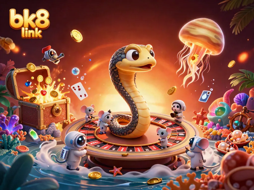 Engage with the bk8 link as astronaut mice bet on a cosmic roulette wheel in a vibrant casino scene.