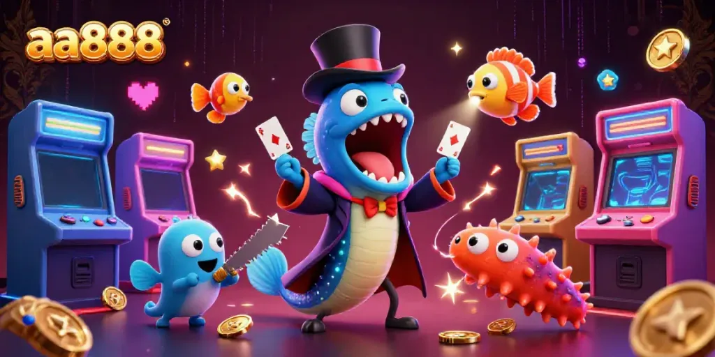 Experience the thrill at aa888 with a dazzling underwater casino scene featuring engaging characters and vibrant gaming elements.