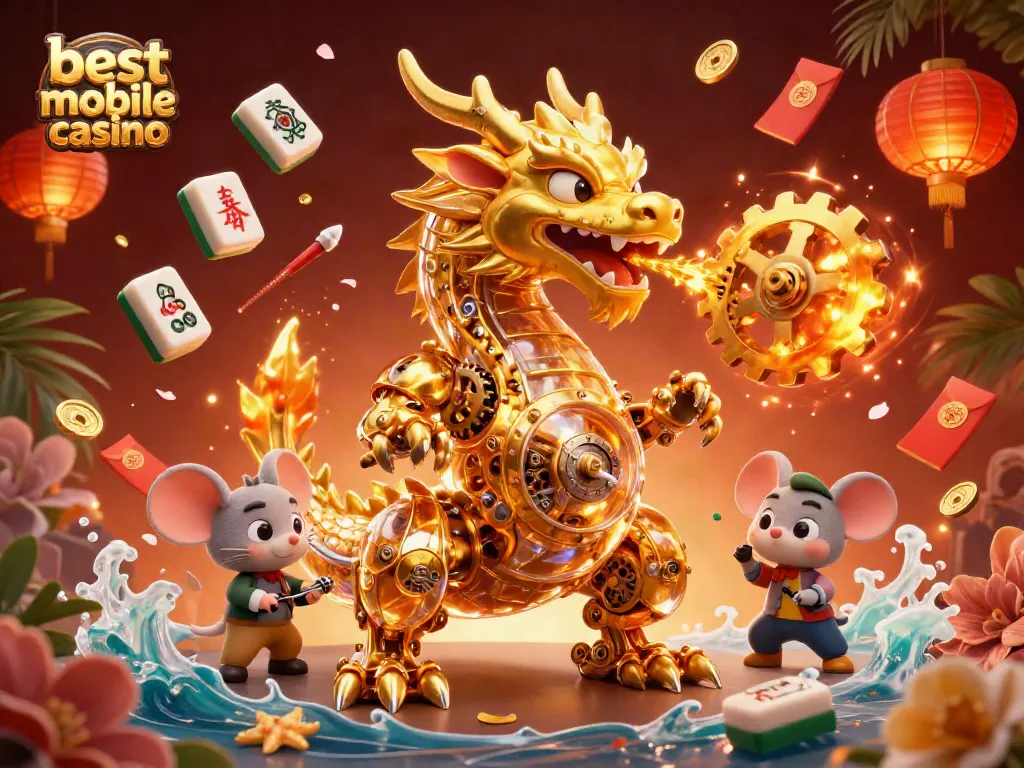 Experience the thrill at the best mobile casino, featuring a golden dragon and vibrant game symbols.