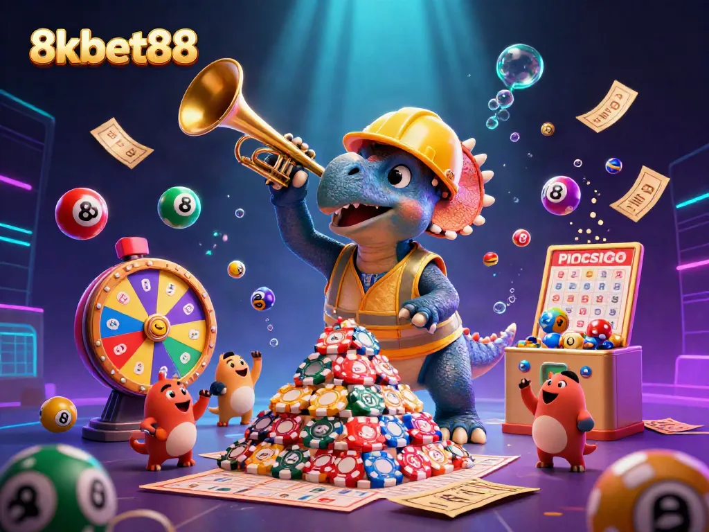 Experience the thrill of 8xbet88 with a festive casino scene featuring vibrant characters and dynamic gaming elements.