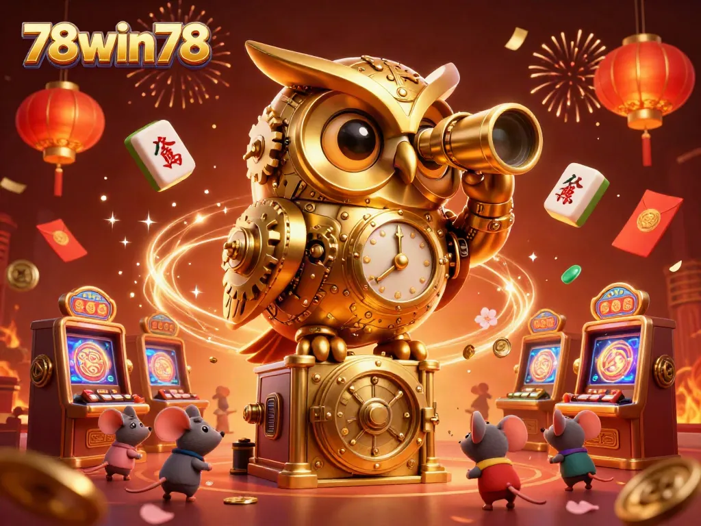 Engage in thrilling 78win78 casino adventures with a whimsical 3D owl amidst vibrant slot machines.