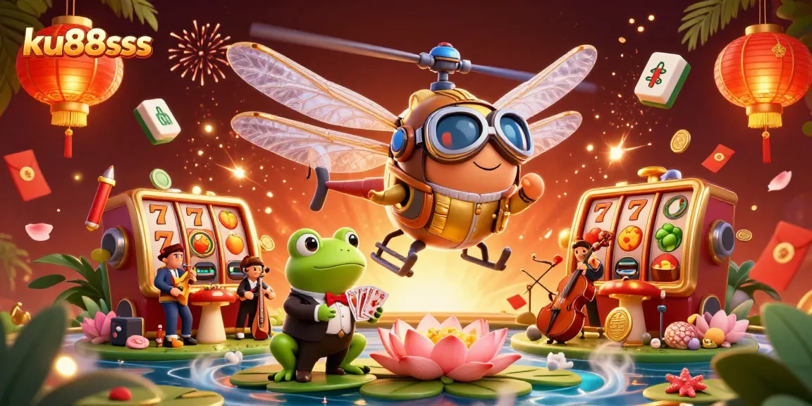 Engage with ku88sss at the vibrant lily pad casino featuring a frog dealer, dragonfly pilot, and dynamic game elements.