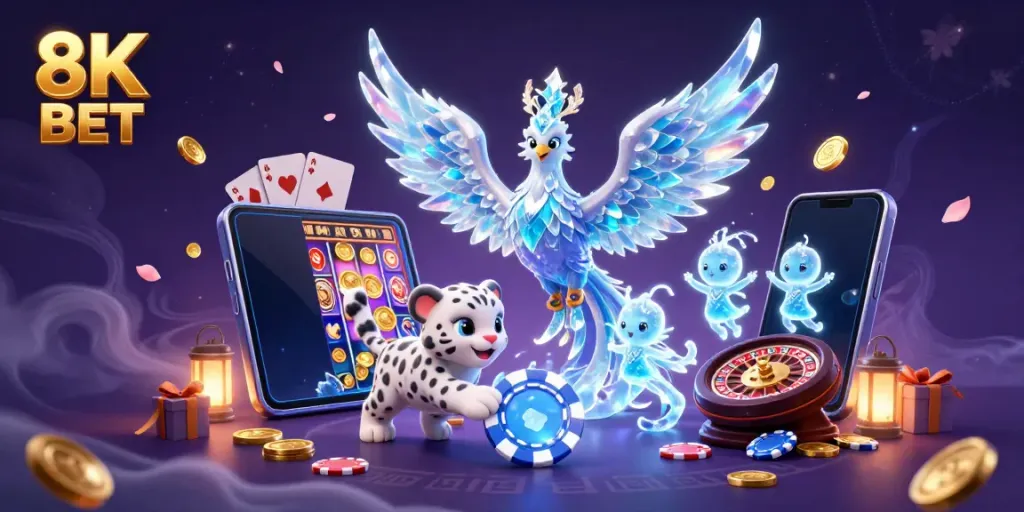 Experience the excitement of 8K BET with a dynamic scene featuring a mythical ice phoenix and engaging casino elements.