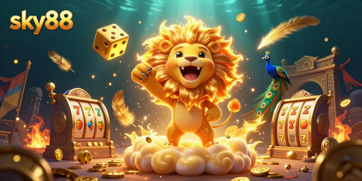 Experience thrilling casino action with sky88's vibrant atmosphere, featuring an illustrated roaring lion on golden clouds, slot reels, and dramatic effects.