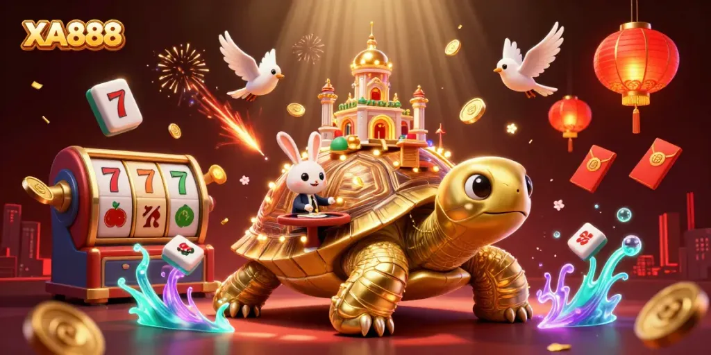Experience exciting gaming at XA888 with a vibrant illustration of a casino-themed paradise.