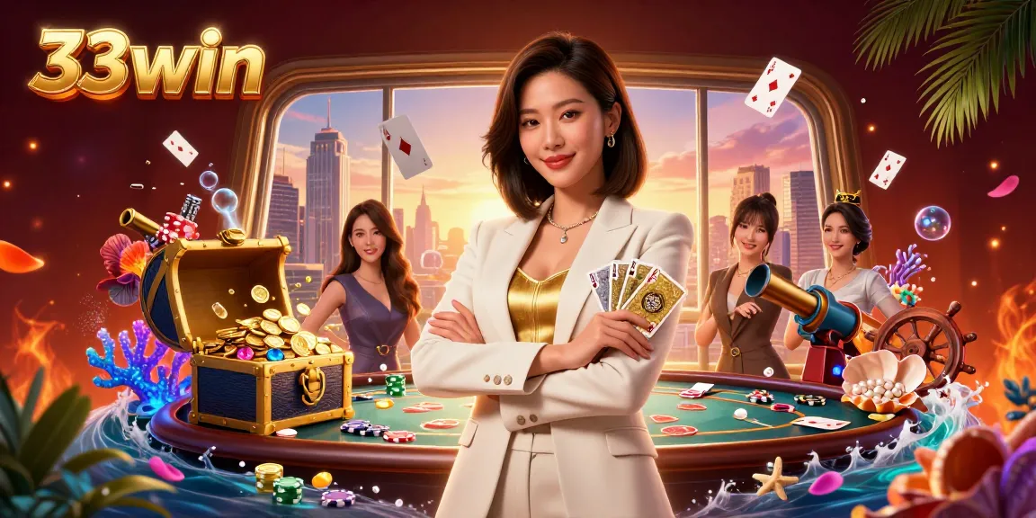 Win big at 33win with a glamorous Asian woman revealing her poker skills in a vibrant casino setting.