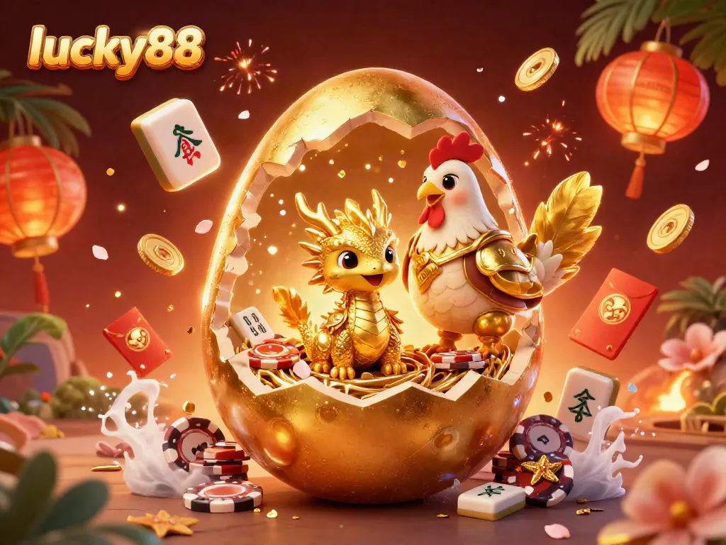 Experience exciting wins at lucky88 with a golden dragon, poker chips, and festive Chinese elements.