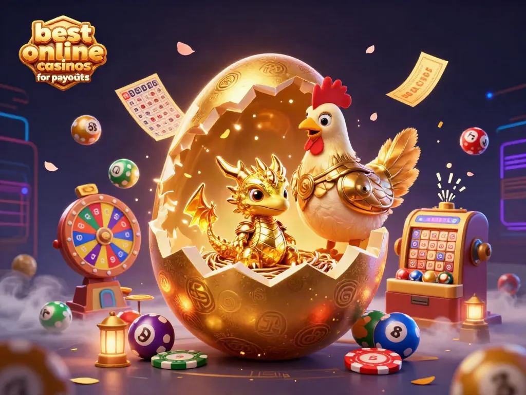Experience the thrill at the best online casinos for payouts with a golden dragon emerging from a poker chip nest.