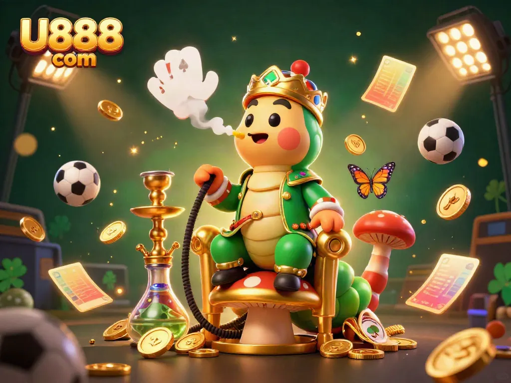 Experience exciting gameplay at U888 com with a whimsical gaming illustration featuring dynamic sports elements.