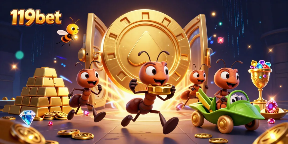 Experience the thrill of winning at 119bet with a dynamic 3D illustration featuring a heist team and treasure elements.