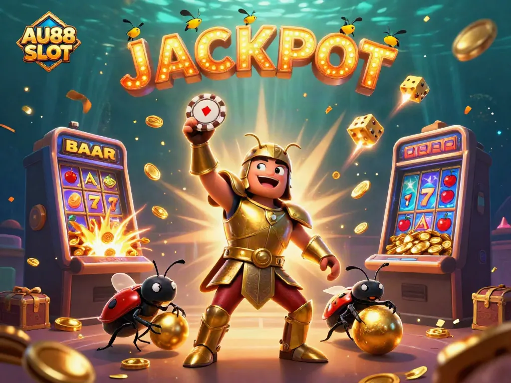 Experience thrilling wins with AU88 SLOT through a vibrant illustration of dynamic characters, jackpot prizes, and immersive casino elements.