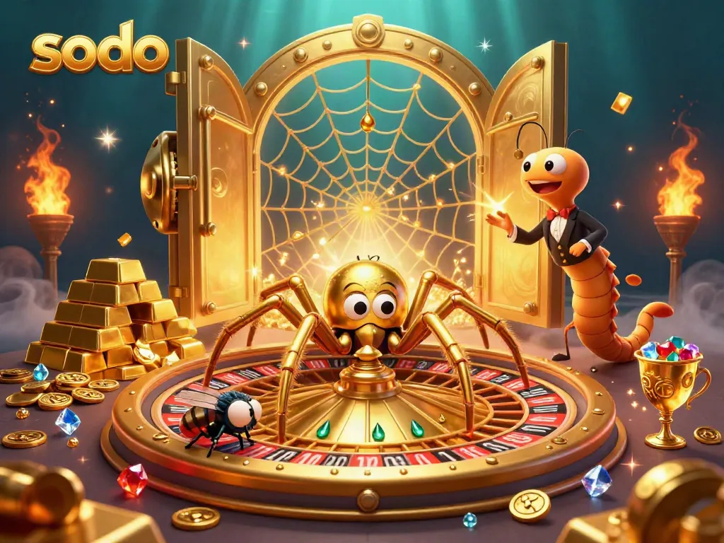 Sodo's engaging casino scene showcases a spider and croupier in a vibrant gold treasure world.