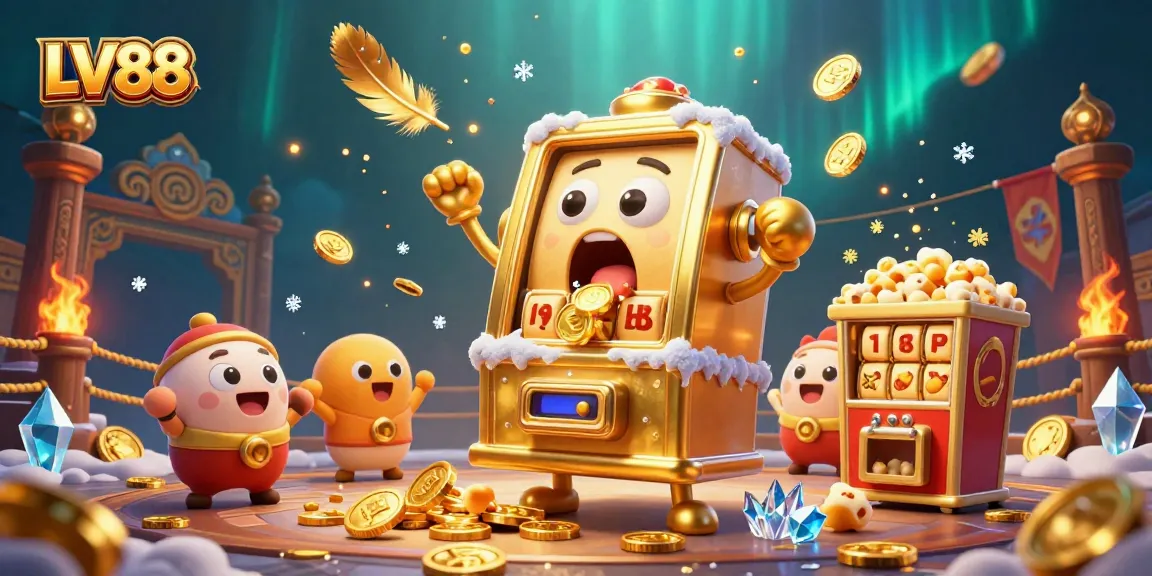 Experience the LV88 action with a joyful slot machine hitting a jackpot and coins pouring down, lively scene.
