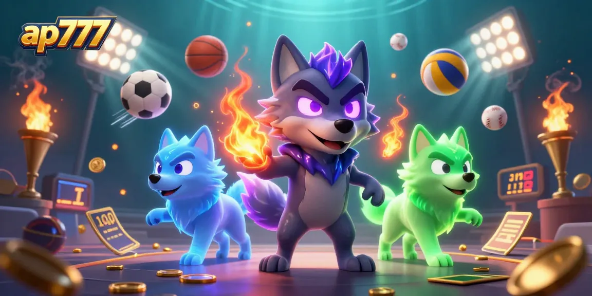 Interaja com a diversão imersiva do cassino ap777, apresentando lobos fantasmagóricos e elementos vibrantes de esportes.